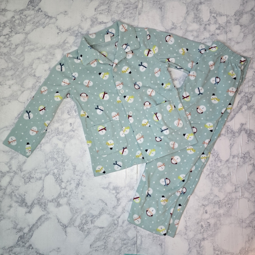 Old Navy Snowman Fleece Pajama Set 5T Button Down Green White